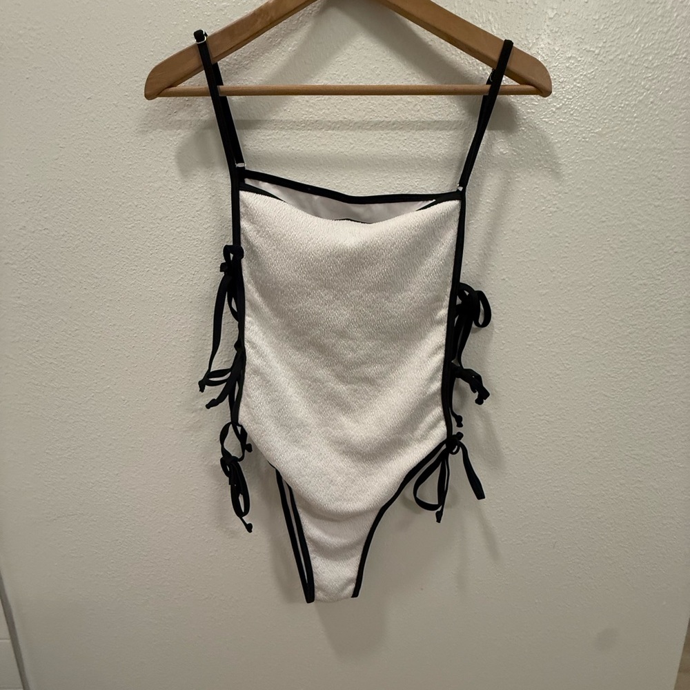 Girls' White One-Piece Swimsuit with Black Trim -L